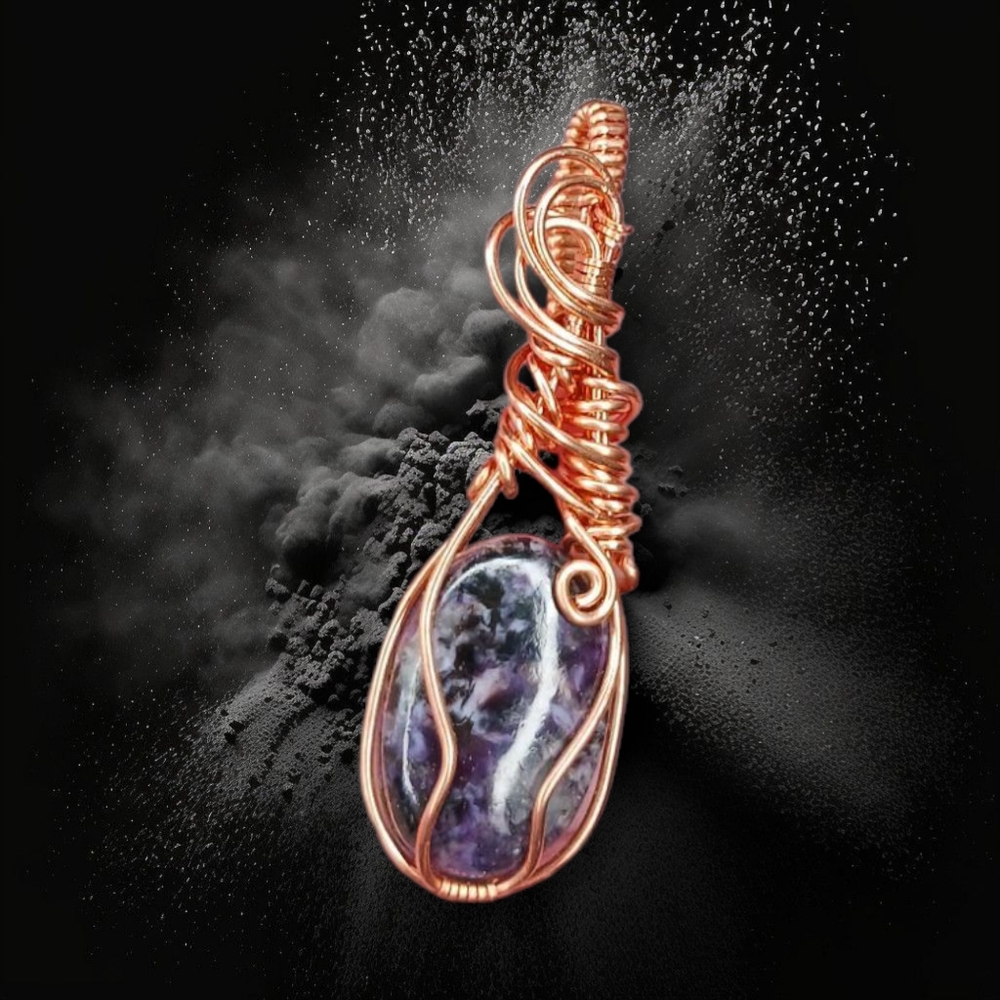 Artisan Copper Wire Wrap Charoite Pendant – Stone of Transformation & Insight